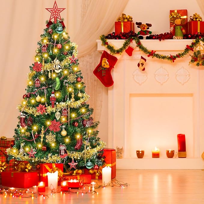 6ft Artificial Christmas Tree with Lights and Ornaments, Prelit Xmas Tree with Hanging Balls (8 Modes) for Home Holiday Decoration, Gold+Red+Green