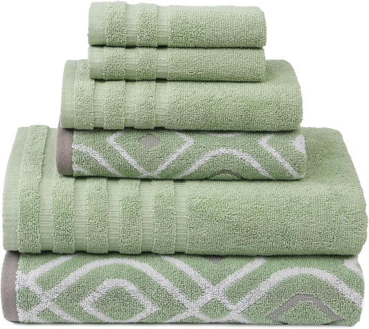 Modern Threads Oxford 6-Piece 100% Cotton Towel Set – Yarn Dyed Jacquard & Solid – Includes 2 Bath Towels, 2 Hand Towels, 2 Washcloths – Absorbent, Quick Dry, Soft & Durable – Sage Green