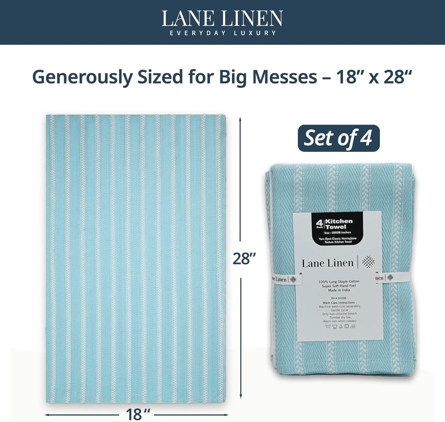 LANE LINEN Kitchen Towels Set - Pack of 4 Cotton Dish Towels for Drying Dishes, 18”x 28”, Kitchen Hand Towels, Absorbent Tea, Dish Towels, Quick Drying Towel Set - Aqua