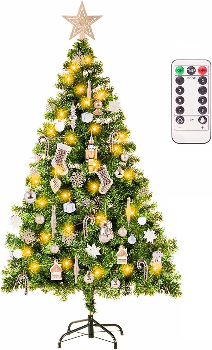 5ft Artificial Christmas Tree with Lights and Ornaments, Prelit Xmas Tree with Hanging Balls (8 Modes) for Home Holiday Decoration, Champagne+White