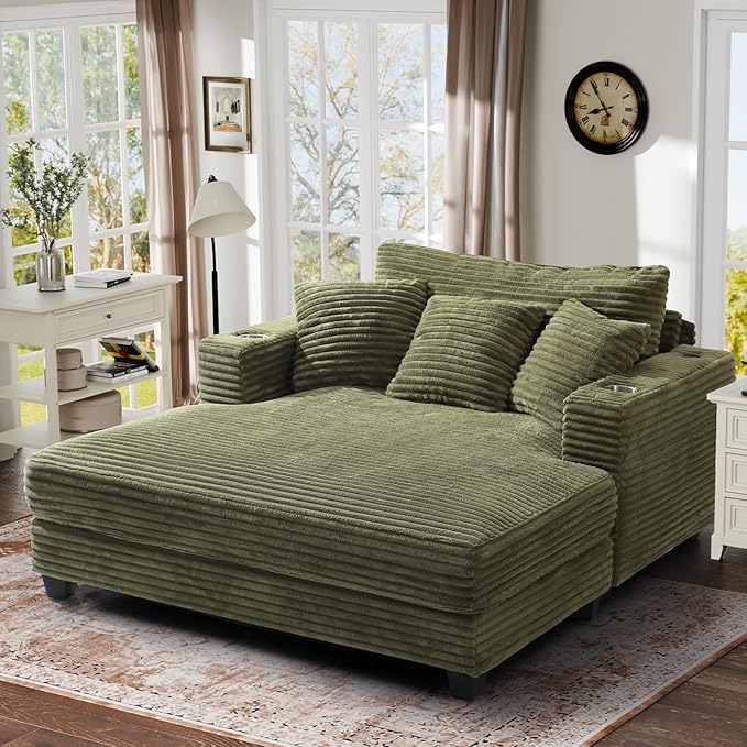 HUSFU Chaise Lounge Chair Indoor, 60'' Oversized Sleeper Sofa, Chaise Lounge Reading Chairs for w/Cup Holder and USB&Type C Port, Fluffy Plush Faux Fur Cloud Sofas Couches for Living Room, Green