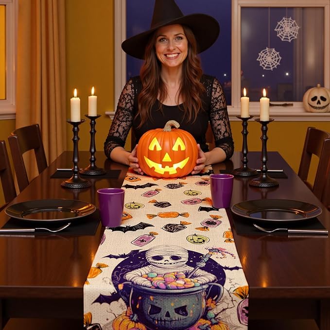 Halloween Table Runner with Mummies,Pumpkins & Candy,Table Decoration for Dining Party and Home Decor,96x13 inches