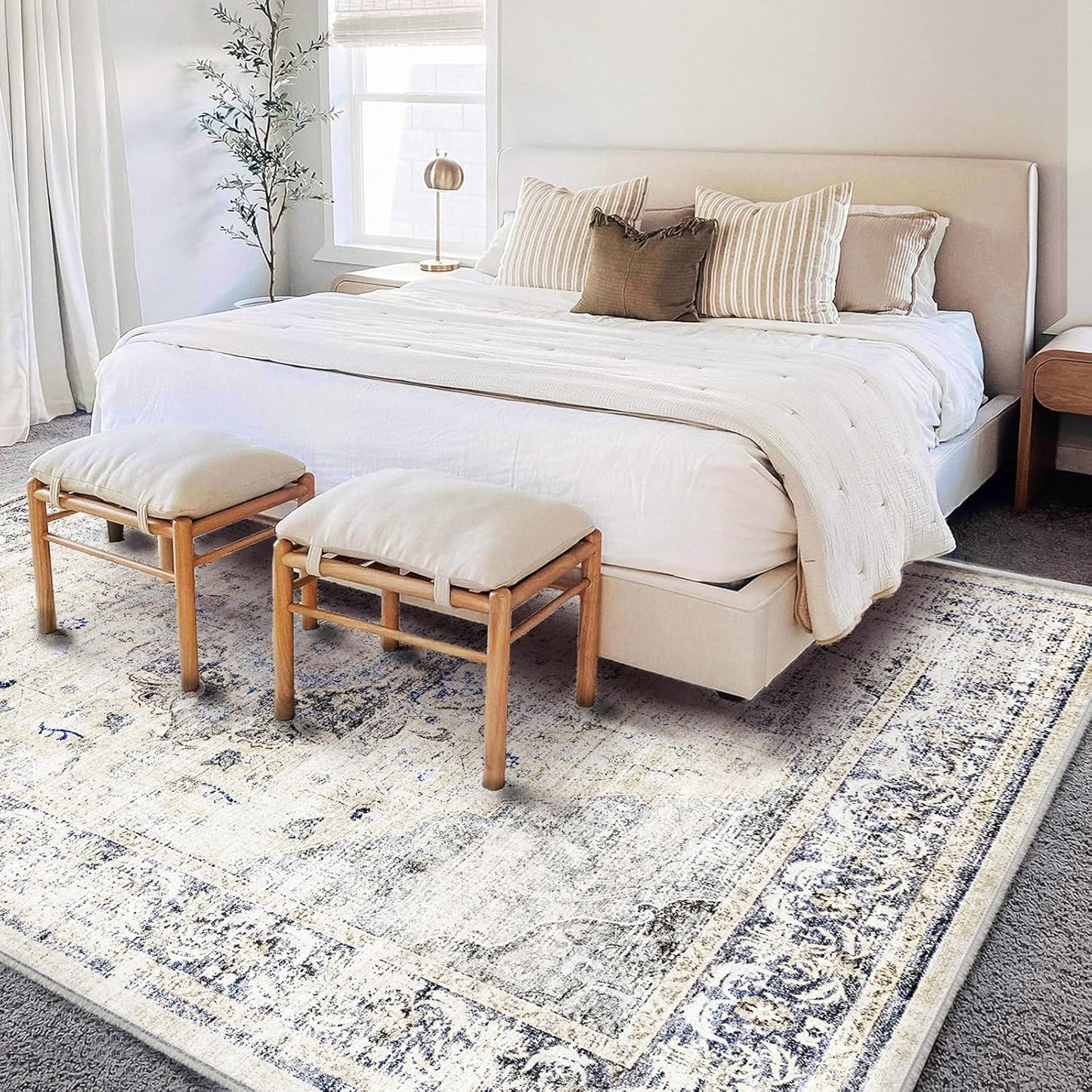 Washable Area Rug 8'x10' Floral Blue Boho Design Non-Shedding Non-Slip Easy Care Ideal for High Traffic Areas in Living Room Bedroom Office Coffee Table Kitchen Large Carpet