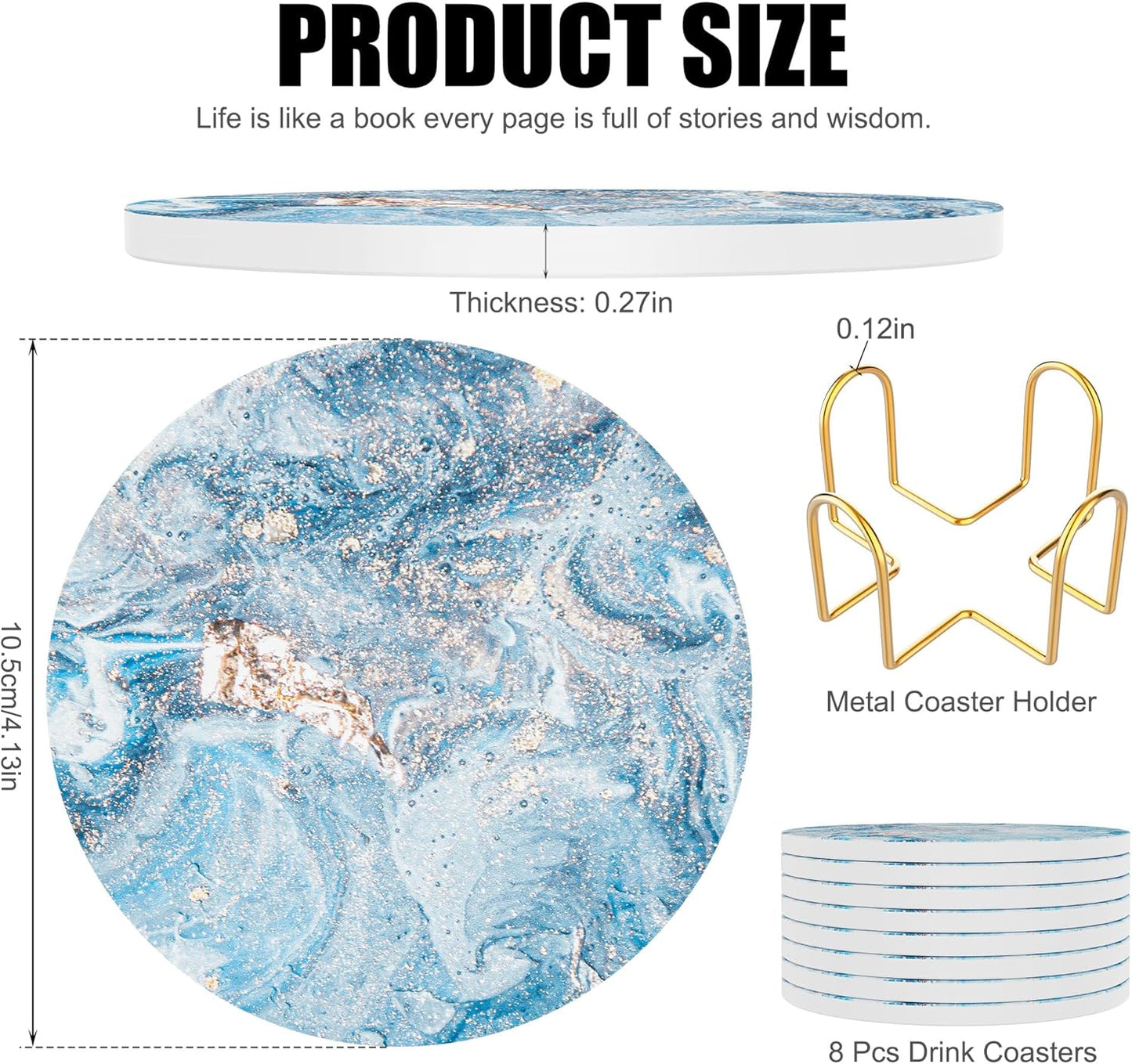 Coasters for Drinks Set of 8, Absorbent Starry Sky Marble with Metal Golden Holder, Ceramic Coaster Set Cup Mat for Home Decor, Bar, Kitchen, Party