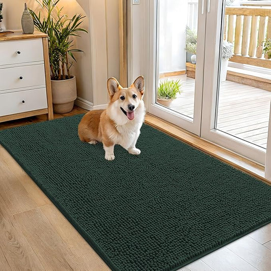 OLANLY Dog Door Mat for Muddy Paws 54x32, Absorbs Moisture and Dirt, Absorbent Non-Slip Washable Doormat, Quick Dry Chenille Mud Mat, Entry Indoor Entryway Carpet for Inside Floor, Blackish Green