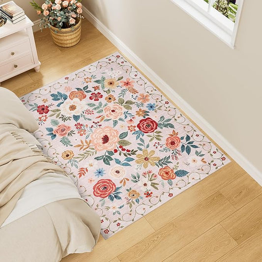 DUKINO 3x4 Area Rug, Lightweight Non Slip Washable Floral Rug, Indoor Low Pile & Non-Shedding Boho Design Carpets for Bedroom, Kitchen, Dining Room, Beige