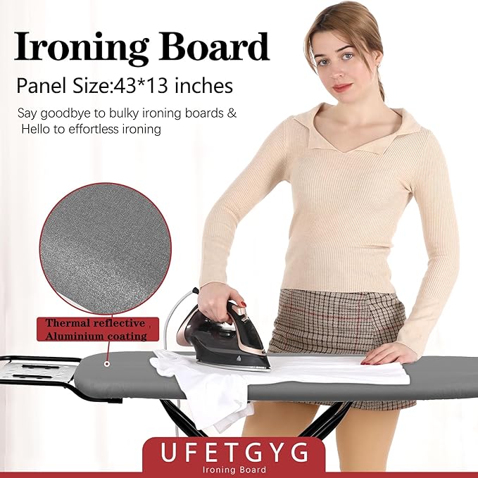 Ironing Board,13" X 43" W/with Iron Rest | Full Metal Construction| Height Adjustable | Heat & Scorch Resistant Fabric | Heavy Duty| Easy to Fold | Anti-Skid Feet |Grey