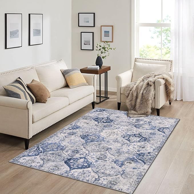 Lahome Moroccan Trellis Washable Small Area Rug, 3x5 Area Rug for Bedroom Living Room, Non-Slip Oriental Accent Throw Carpet for Kitchen Office Entryway Bathroom Office, White/Royal Blue