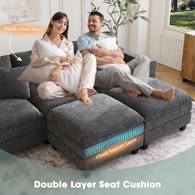 137",U Shaped Couch,Modern Modular Sectional Sofa, 4-Seater Comfy Cloud Couch with Two Movable Ottoman & Throw Pillows for Living Room, Bedroom and Apartment, Dark Gray