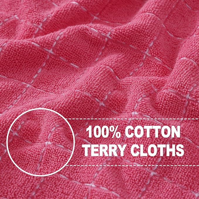 Homaxy 100% Cotton Terry Kitchen Towels(Rose Red, 13 x 28 inches), Checkered Designed, Soft and Super Absorbent Dish Towels, 4 Pack