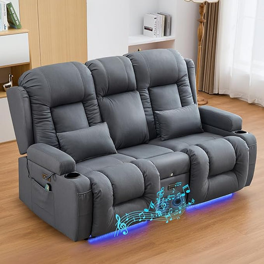 IPKIG 67" Power Reclining Loveseat Sofa, Electric Home Theater Seating with Console/4 Colors Ambient Lighting/Bluetooth Speakers/USB Ports/Built-in Outlets (Light Blue, Loveseat Recliner)