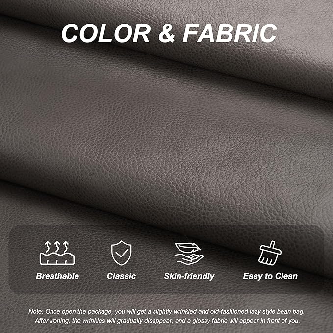 Hobestluk Giant Bean Bag Chair Lazy Floor Sofa, Memory Foam Fireside Sofa for Adults, Big Beanbag Faux Leather Armless Chair for Living Room Bedroom Dorm Office (Grey, Single)