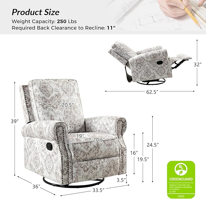 HULALA Home Swivel Rocker Recliner Set of 2, Modern Printed Fabric Swivel Recliner Chair for Adults Glider with Adjustable Backrest & Footrest, Beige