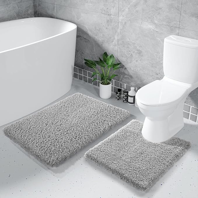 Yimobra U Shaped Toilet Bath Rug, Fluffy Plush, Super Shaggy Soft Non Slip, Water Absorbent Microfiber Bath Mat, Dries Quickly, Machine Washable Thick Bathroom Rugs, 20"x 24", Pure Gray