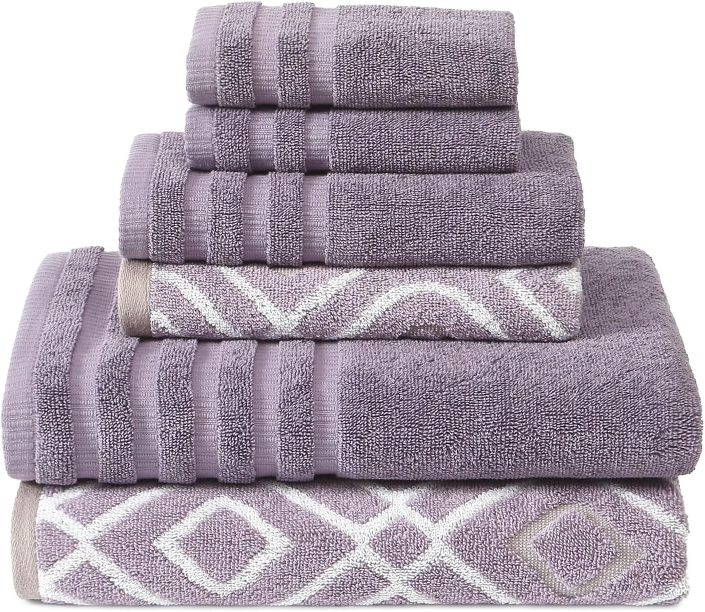 Modern Threads Oxford 6-Piece 100% Cotton Towel Set – Yarn Dyed Jacquard & Solid – Includes 2 Bath Towels, 2 Hand Towels, 2 Washcloths – Absorbent, Quick Dry, Soft & Durable – Lavender