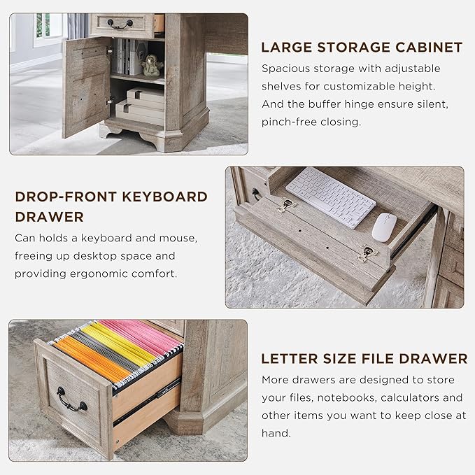 T4TREAM 59" Farmhouse Executive Desk with Hutch,Wood Home Office Computer Desk, Featuring Keyboard Tray,Charging Station,File Drawer, Storage Cabinet,for Work and Study (Light Rustic Oak)