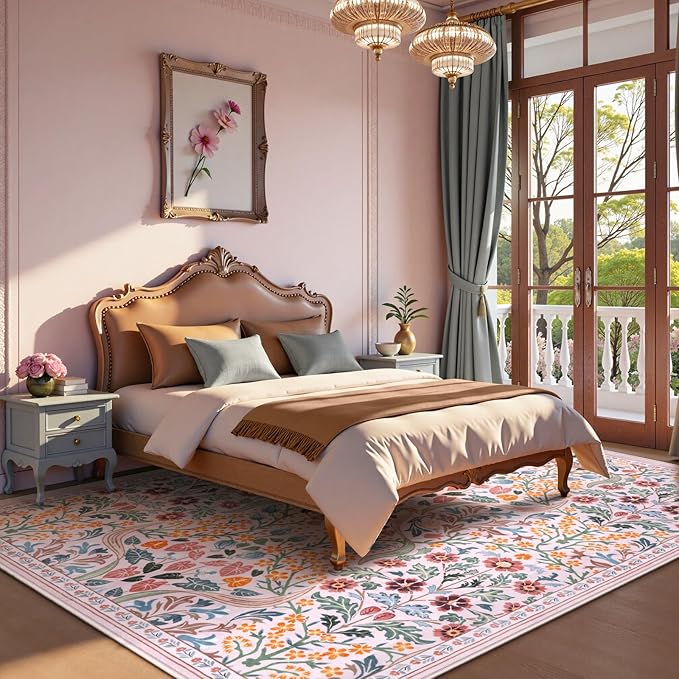 Lahome Floral Pink Boho Rugs for Classroom, 8x10 Flower Washable Rug for Bedroom Girls, Non Slip Botanical Carpet for Living Room Nursery Kids Room, Large Soft Non Shedding Easy to Clean Carpets