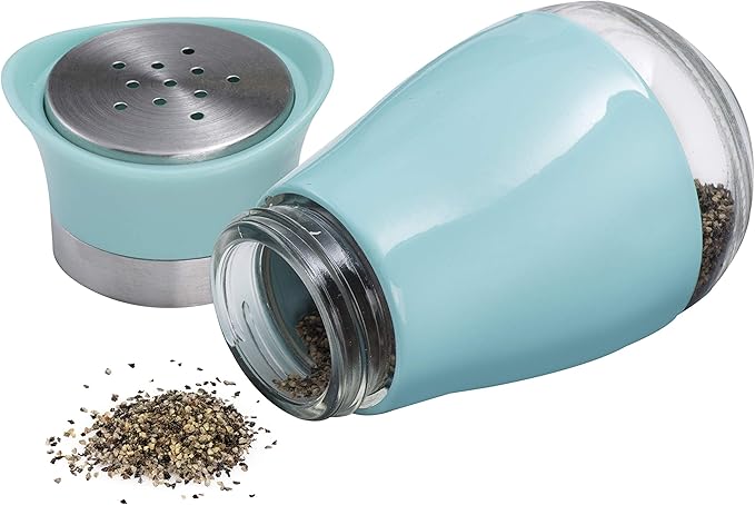 MITBAK Salt and Pepper Shakers (2-Pc. Set) Elegant w/Clear Glass Bottom | Compact Cooking, Kitchen and Dining Room Use | Classic, Refillable Design (Blue)