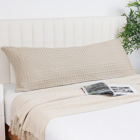 PHF 100% Cotton Waffle Body Pillowcase with Zipper, 1 Pack 20" x 54" Soft Skin-Friendly Pillow Sham, No Filling, Aesthetic Woven and Breathable Waffle Weave Body Pillow Cover for Bed, Oatmeal