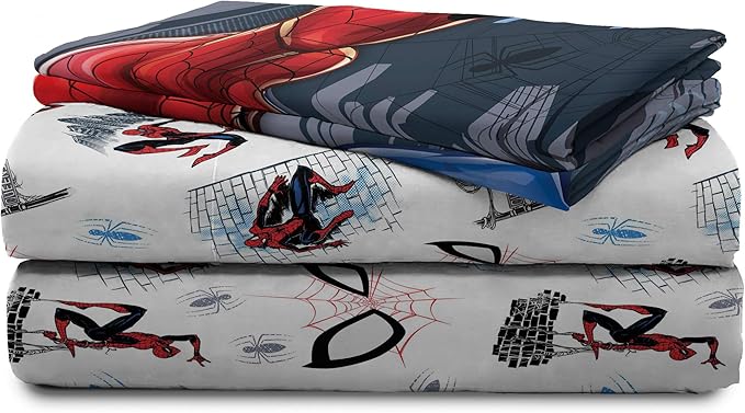 Jay Franco Kids Sheet Set with Fitted, Flat Sheets & Pillow Cover - Ultra-Soft Bedding with Pillowcase for Room Decor, White - Spiderman, 4 Piece Queen