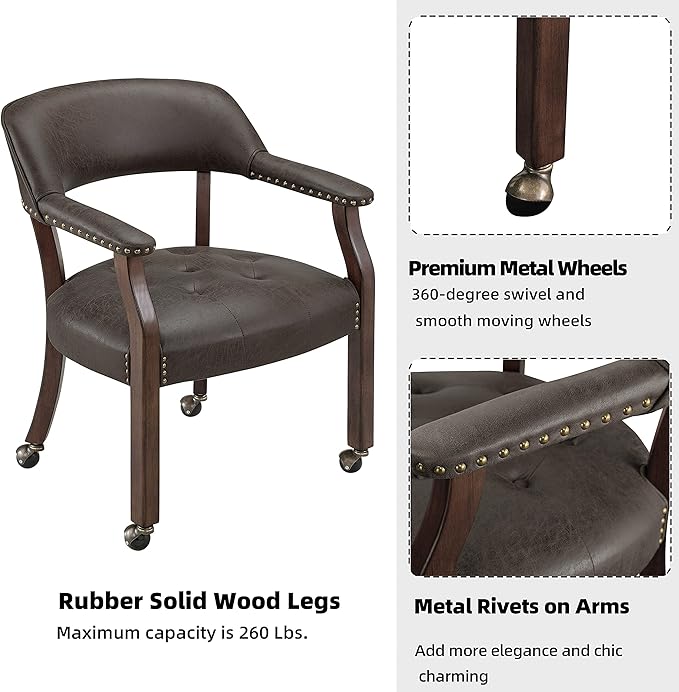 MODERION Modern Brown Solid Wood Boss Caption's Dining Chairs, Office Desk Chairs with Wheels, Arms, and High Back, 31.5H for Living Room Retro SY1533DK