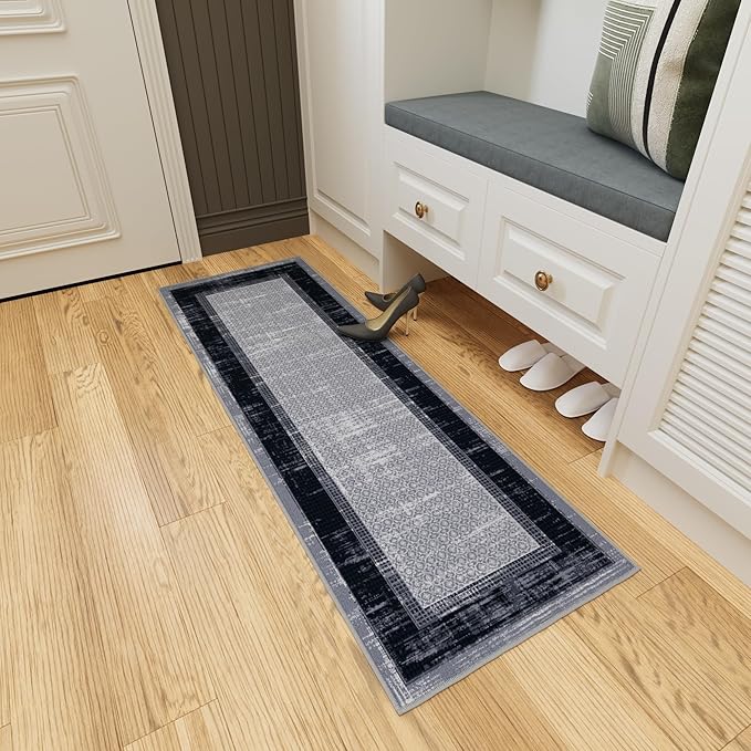 Ottomanson Hallway Runner Rug 20" x 59" Non Slip Border Area Rugs Easy to Clean Laundry Rug Runner Durable & Pet Friendly Floor Carpet Runners for Hallways Entryway Living Room Kitchen, Gray/Navy