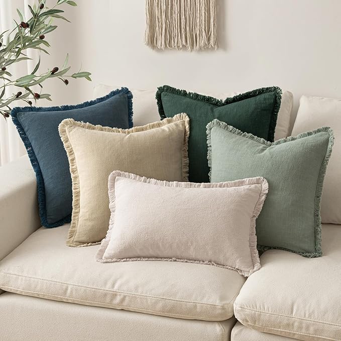 MIULEE Decorative Throw Pillow Covers Neutral Linen Fringe Throw Pillows Set of 2 Navy Blue Boho Farmhouse Cushion Covers with Tassels for Couch Sofa Bed Living Room Spring Home Decor 18x18 Inch