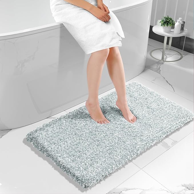 Yimobra Luxury Bathroom Rugs, Fluffy Bath Mats, Non Slip, Water Absorbent Microfiber, Machine Washable, Plush Runner Shower Rugs, Thick Matts for Bathroom Floor/Tub, 47"x 24", Sky Light Blue and White