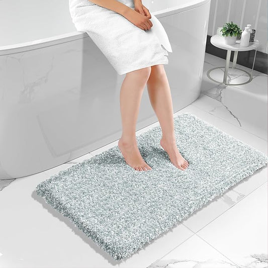 Yimobra Luxury Bathroom Rugs, Fluffy Bath Mats, Non Slip, Water Absorbent Microfiber, Machine Washable, Plush Runner Shower Rugs, Thick Matts for Bathroom Floor/Tub, 47"x 24", Sky Light Blue and White