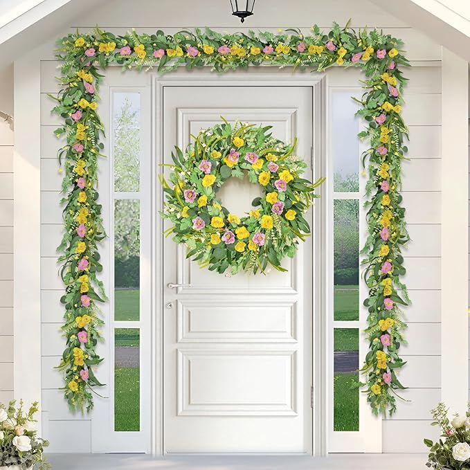 6FT Spring Garland for Decoration, Summer Green Eucalyptus Flower Garlands for Mantle Table Wedding Decor, Fake Vines Greenery Easter Garland Backdrop Floral Arch Wall Room Garden Farmhouse Home Decor