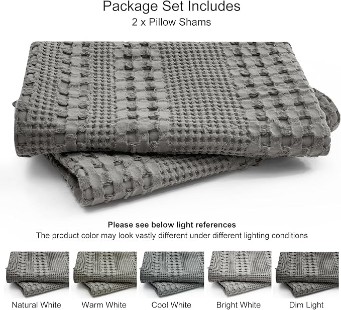 PHF 100% Cotton Waffle Pillow Shams King Size, 2 Pack 20" x 36" Soft Skin-Friendly Pillowcases, No Filling, Aesthetic Woven and Breathable Waffle Weave Pillow Case Covers for Bed, Dark Grey
