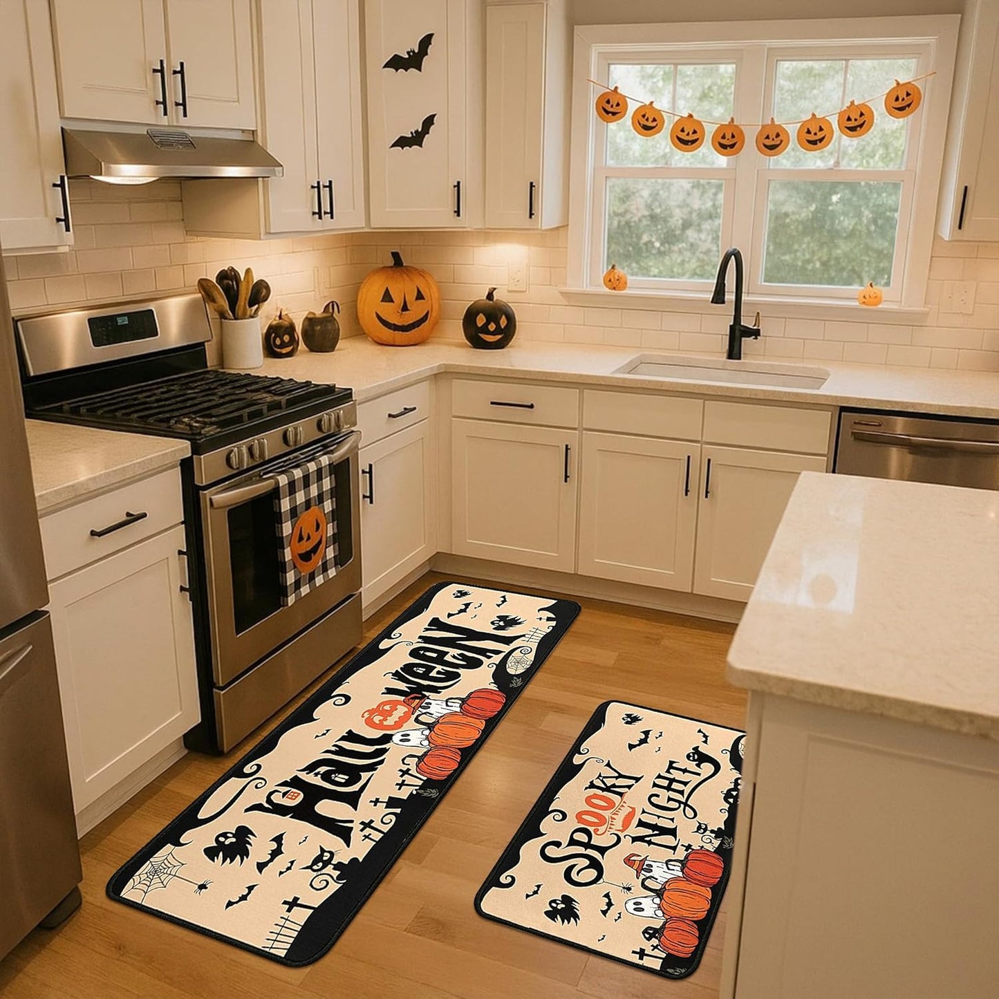 2 Piece Halloween Kitchen Decor Rugs Set,Cute Ghost Kitchen Rugs and Mats Non Skid Washable Absorbent Kitchen Accessories Decoration Floor Mats 17"x47"+17"x30"