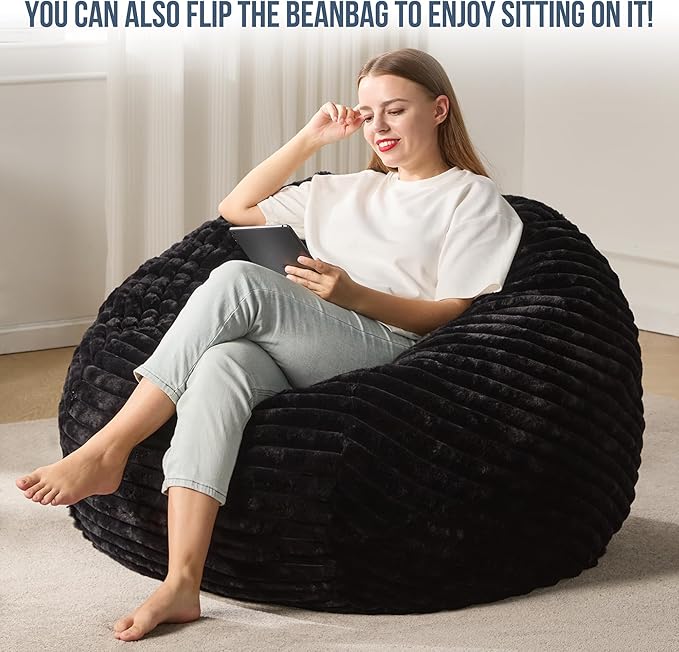 Hobestluk 4ft Bean Bag Chairs for Adults Large Beanbag Chair with Dutch Corded Plush Cover Big Bean Bag Chair for Living Room Bedroom Dorm Office - Black (44" x 44" x 24")