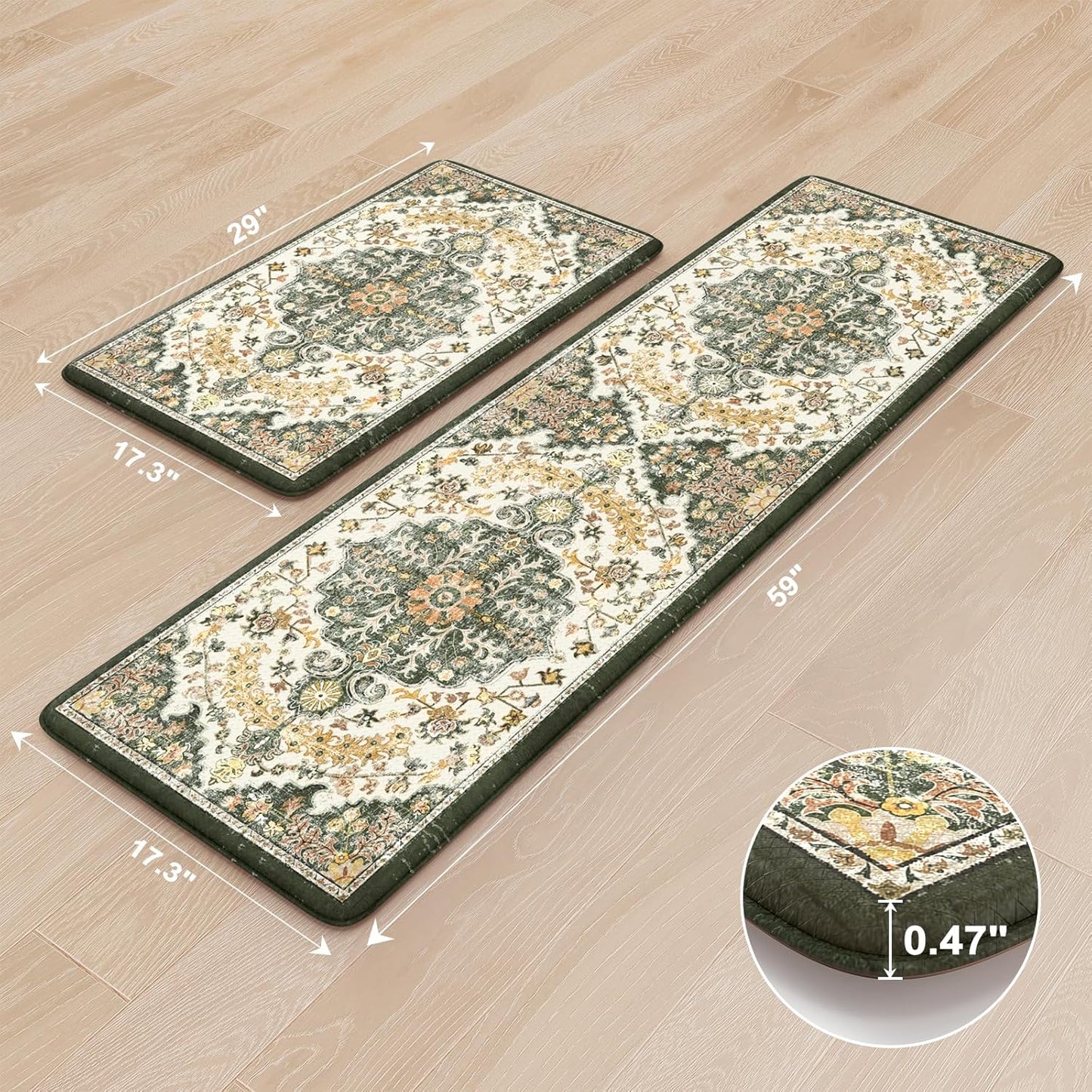 KIMODE Anti Fatigue Kitchen Mat, Farmhouse Kitchen Rugs Sets of 2, Kitchen Floor Mats Non Slip Cushioned, Waterproof Standing Mat for Laundry, Office, Sink, Desk, Green/Yellow 17.3" x 59"+17"x29"