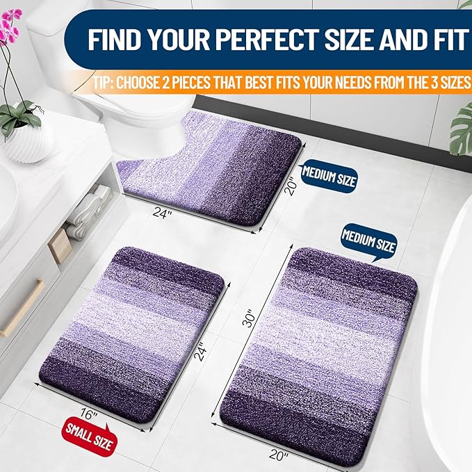 OLANLY Bathroom Rug Set 2 Piece, Soft Absorbent Microfiber Bath Mats and U-Shaped Contour Toilet Rug, Non-Slip, Machine Wash Dry, Plush Shaggy Bath Mats for Bathroom (24"x16"+24"x20", Violet)