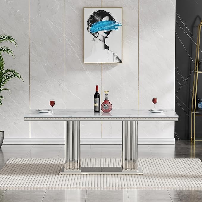 HomVent 70.08 Inch Modern Rectangular Faux Marble Dining Table with Stainless Steel Legs (Silver)