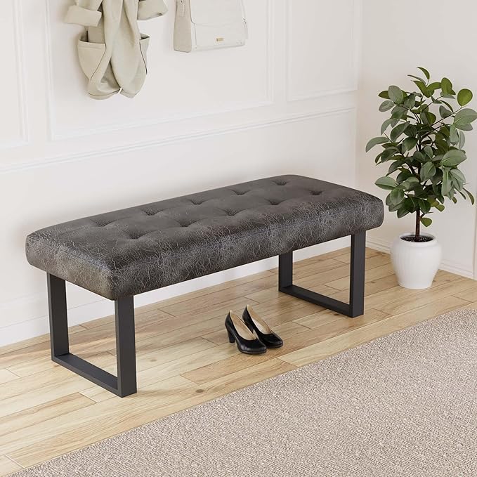 jiexi 45.3'' Upholstered Quality Cloth Fabrics Bench with Metal Leg, Button Tufted Design Footstool, Waiting Bedroom Room Reception Bench, Office Chair, for Entryway and Kitchen