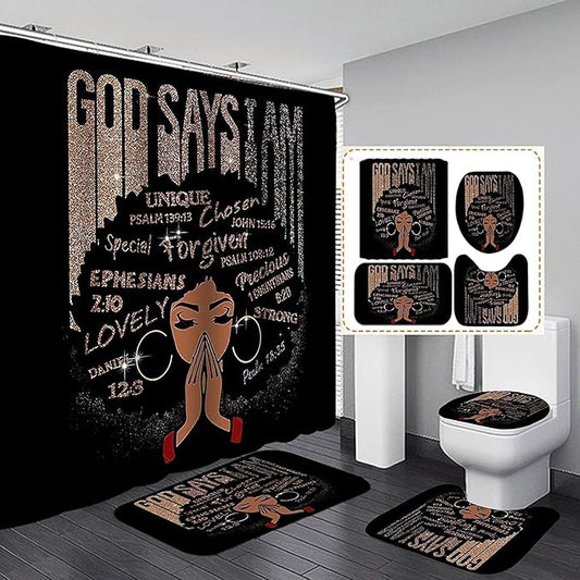 4Pcs Bathroom Shower Curtain Sets, Inspirational Quote Afrcian American Queen Shower Curtains with Rugs Toilet Lid Cover Bath Mat, Praying Black Girl Fabric Home Decorations Bath Mat Sets