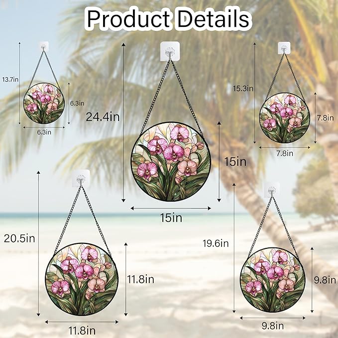 Stained Glass Window Hanging - Pink Phalaenopsis Orchid Green Leaves Sun Catcher for Door Home Decor Flower Suncatcher Christmas Mother's Day Birthday Gifts for Women Men Mom Nana 6.3 in
