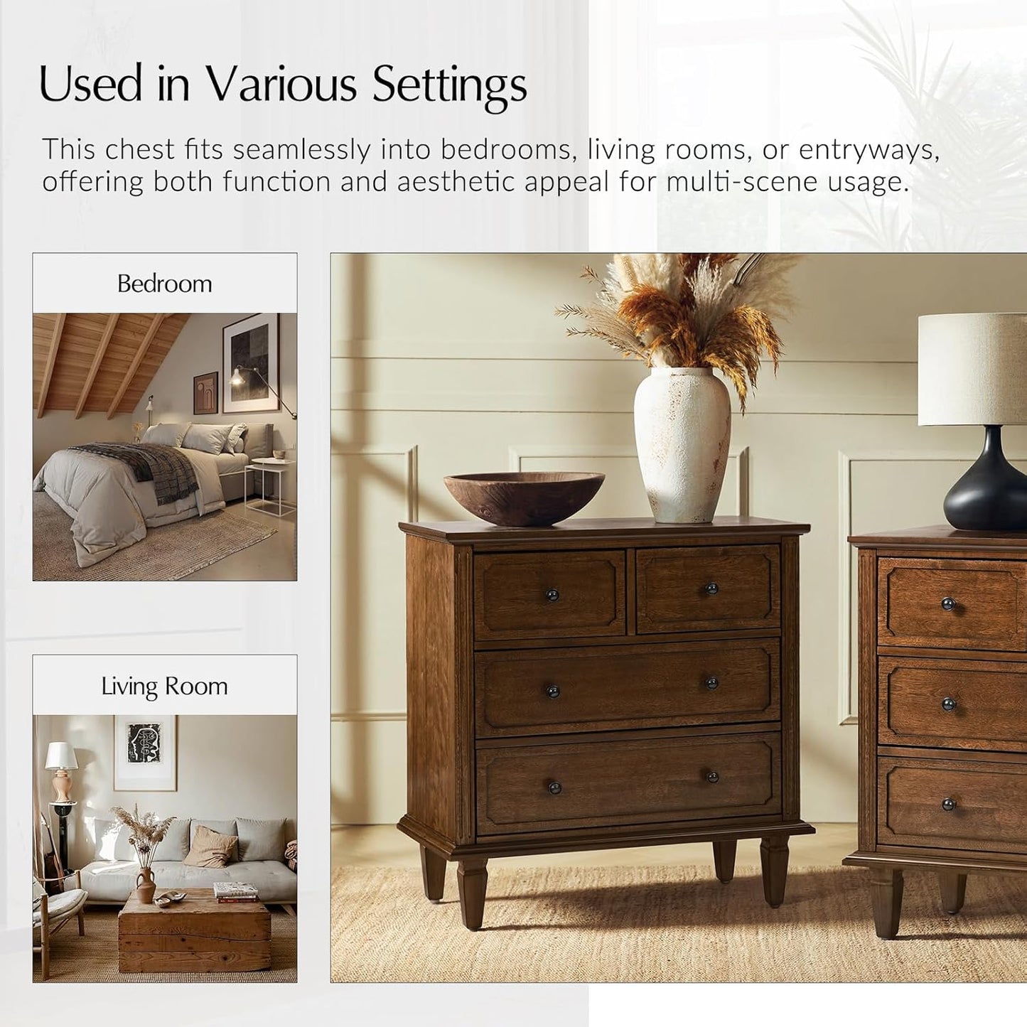 HULALA HOME Mid-Century Modern Nightstand with Charging Station and Divider Tray, 4-Drawer Bedside Table with Solid Wood Legs (Walnut)