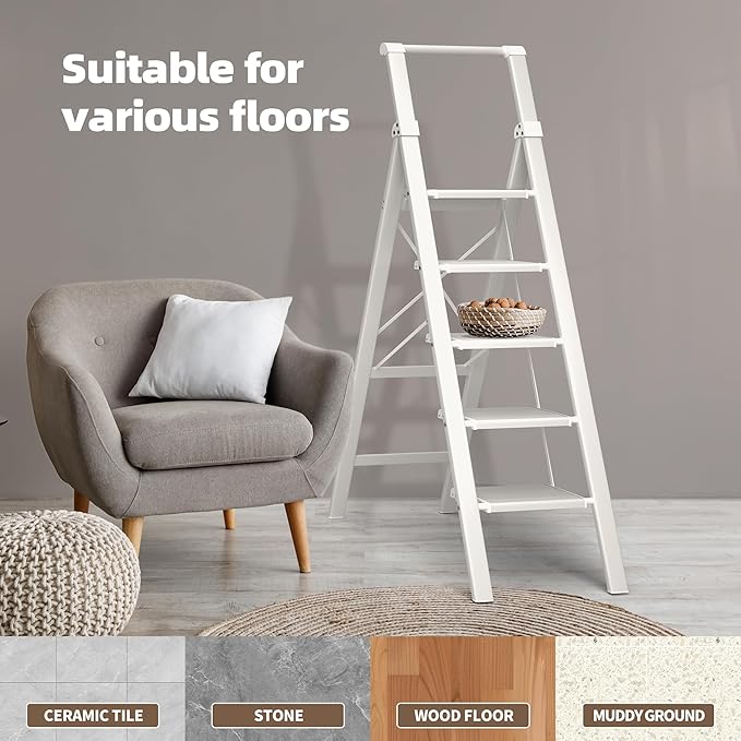 HillhutApex 5 Step Foldable Aluminum Step Ladder with Handgrip, Anti-Slip Pedal, 330 lbs Capacity, Lightweight & Portable for Home, Kitchen, Office, Garage (White)