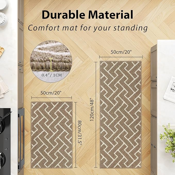 hicorfe Kitchen Rugs and Mats Sets,Non-Slip 2 Pieces Absorbent 100% Polypropylene Rug,Comfort Kitchen Runner Mat,Washable for Kitchen,Sink,Laundry(20" x 31.5" Plus 20" x 48",Beige)