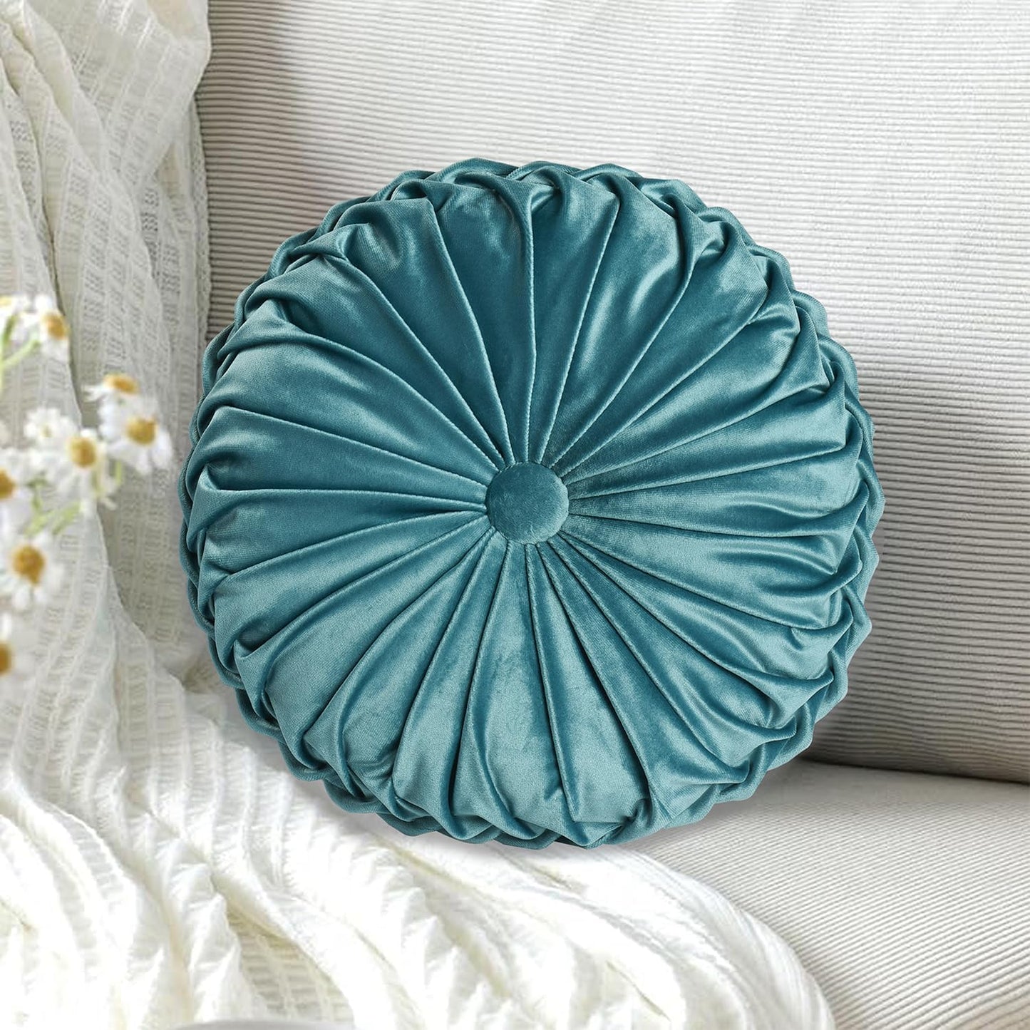HIG Set of 2 Teal Ruched Velvet Round Throw Pillows – 14.5’’ Decorative Pillows with Soft Polyester Filling for Couch, Bed, Living Room, Bedroom, or Dorm – Handmade, Stress Relieving, All-Season