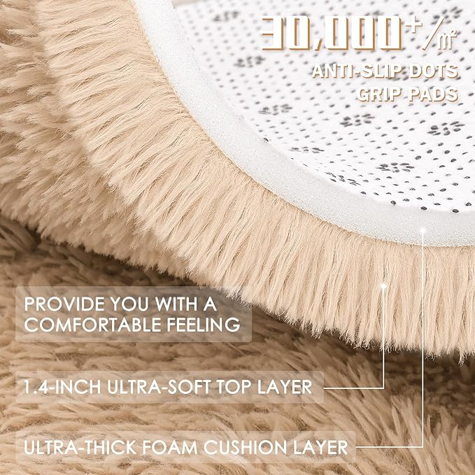 OLANLY Beige Round Rugs for Bedroom - Machine Washable, 8 ft Circle Area Rugs for Living Room, Soft and Fluffy Shaggy Carpet for Teen Girls and Boys, Nursery Rooms, Dorms, Home Decor Aesthetic