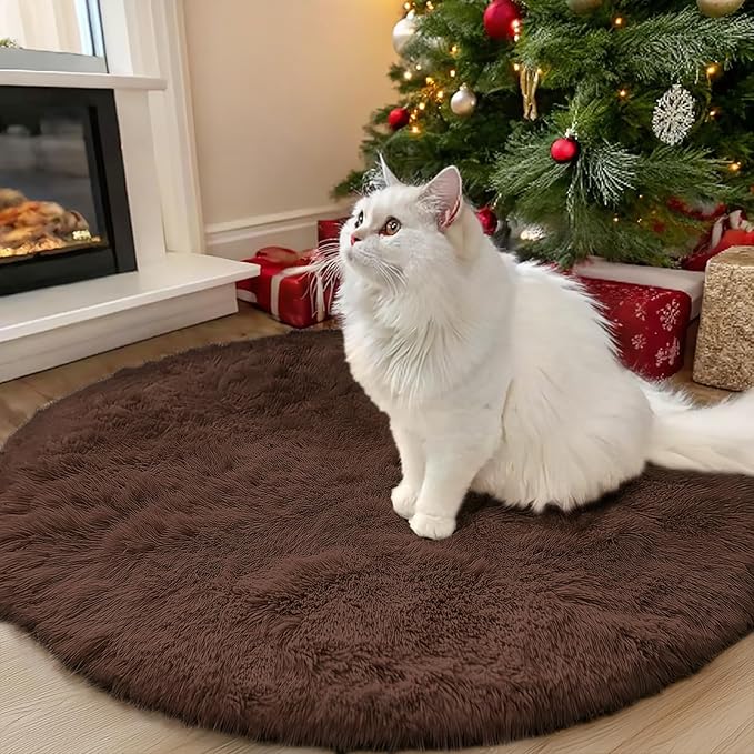 OLANLY Coffee Round Rugs for Bedroom - Machine Washable, 3 ft Circle Area Rugs for Living Room, Soft and Fluffy Shaggy Carpet for Teen Girls and Boys, Nursery Rooms, Dorms, Home Decor Aesthetic