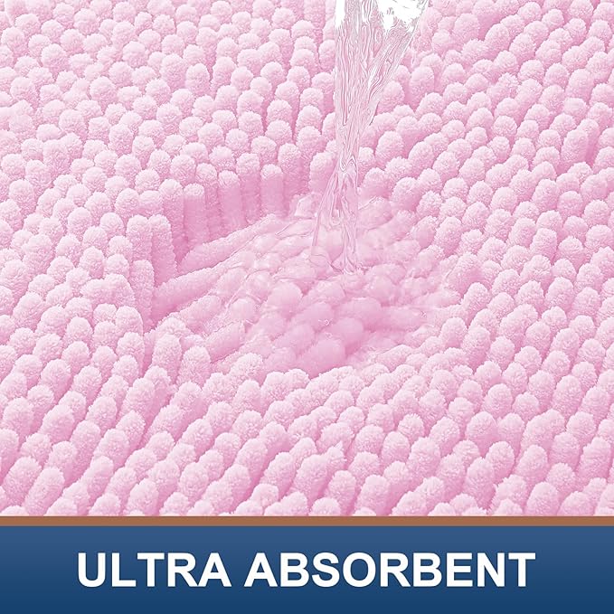 Smiry Luxury Chenille Bathroom Rugs 30x20, Extra Soft and Absorbent Shaggy Bath Mat, Machine Washable, Non-Slip Plush Carpet Runner for Tub, Shower, and Floor, Home Decor Accessories, Pink