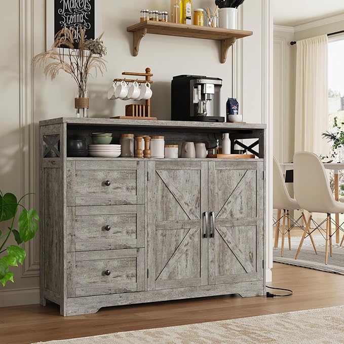 47" Distressed Grey Farmhouse Storage Cabinet with Doors & Drawers, Sideboard Buffet Cabinet with Storage, Kitchen Pantry Hutch, Coffee Bar Station Table for Kitchen, Living Room, Dining Room