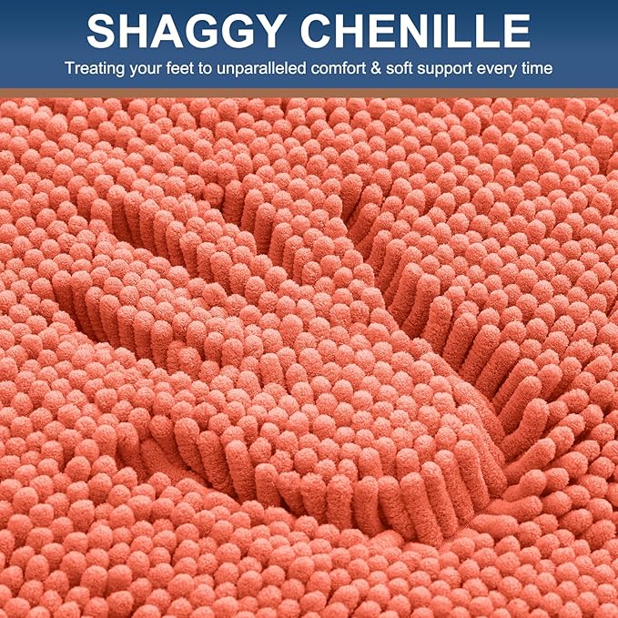 Smiry Luxury Chenille Bathroom Rugs 36x24, Extra Soft and Absorbent Shaggy Bath Mat, Machine Washable, Non-Slip Plush Carpet Runner for Tub, Shower, and Floor, Home Decor Accessories, Coral