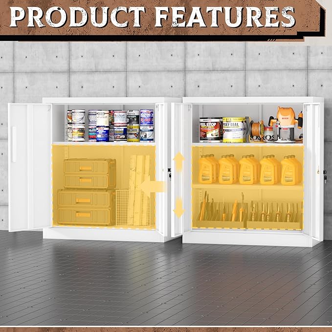 SUNCROWN 36” Metal Storage Cabinets with Doors and 2 Adjustable Shelves, Locking Tool Garage Cabinet, File Cabinets for Home & Office (White)