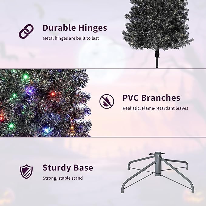 GarveeHome 6Ft Prelit Black Christmas Tree with Lights Halloween Tree Slim Artificial Halloween Christmas Tree Artificial Pencil Tree Automatic Branches for Home, Office, Party Decoration